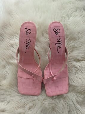 So Me Pink Croc-Embossed Square-Toe Slide Heels